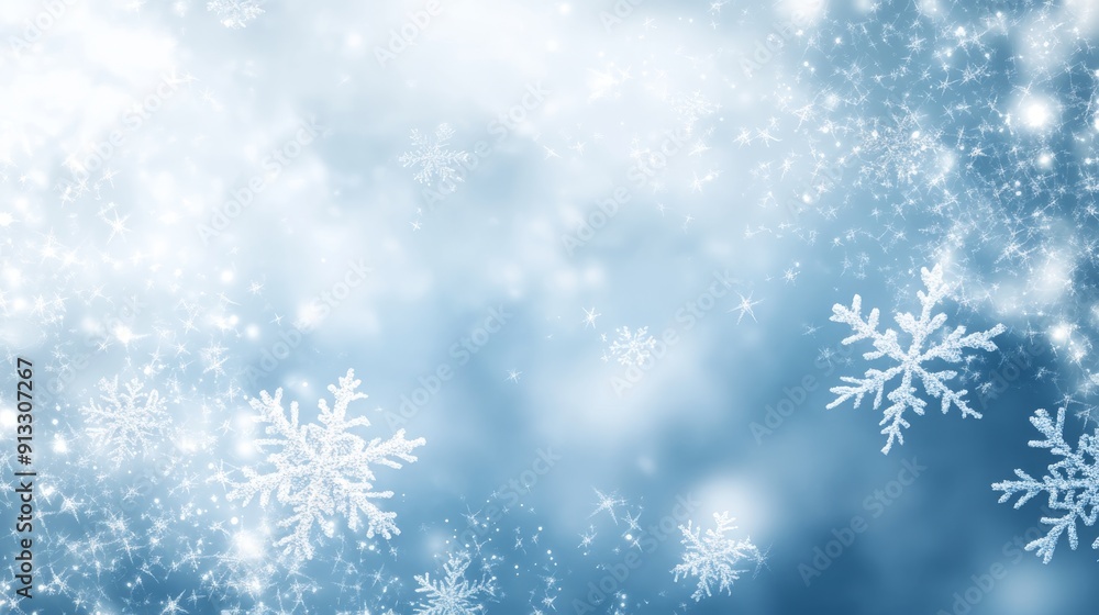 Background of falling snowflakes against a soft gradient sky, shifting from pale blue to white Background of falling snowflakes against a soft gradient sky, shifting from pale blue to white