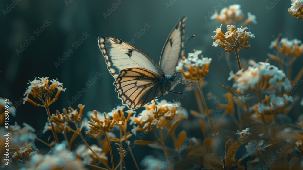 A close-up shot of a colorful butterfly perched on a bouquet of flowers A close-up shot of a colorful butterfly perched on a bouquet of flowers