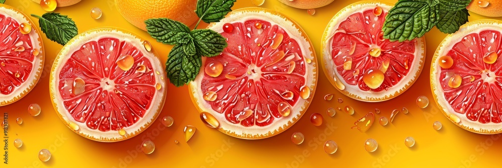Elegant Abstract Healthy Food Background Featuring Juicy Grapefruit and Fresh Mint Leaves