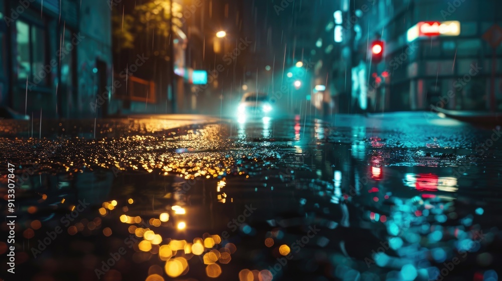 Wet city street at night with lights on, suitable for use in scenes of urban life, nightlife, or crime investigation Wet city street at night with lights on, suitable for use in scenes of urban life, nightlife, or crime investigation