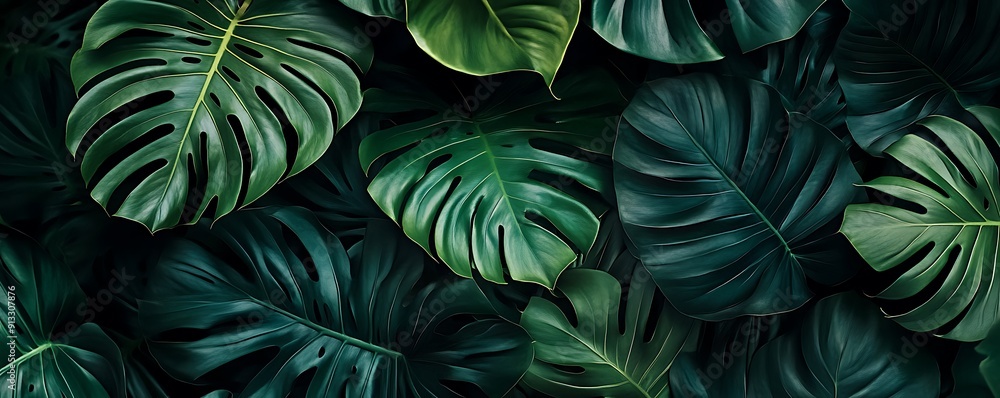 A close-up of a cluster of large, dark green leaves with intricate vein patterns. The leaves are arranged in a random pattern, creating a sense of depth and texture. A close-up of a cluster of large, dark green leaves with intricate vein patterns. The leaves are arranged in a random pattern, creating a sense of depth and texture.