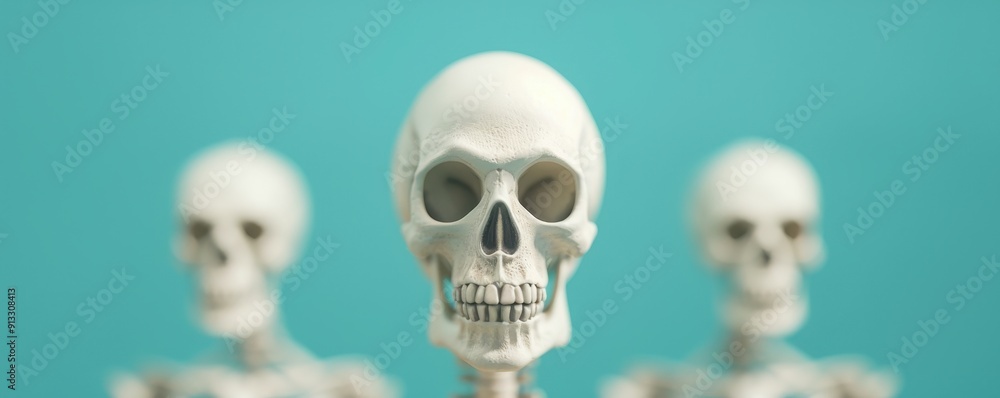 A detailed close-up of a human skull against a vibrant turquoise background, showcasing bone structure and facial features. A detailed close-up of a human skull against a vibrant turquoise background, showcasing bone structure and facial features.