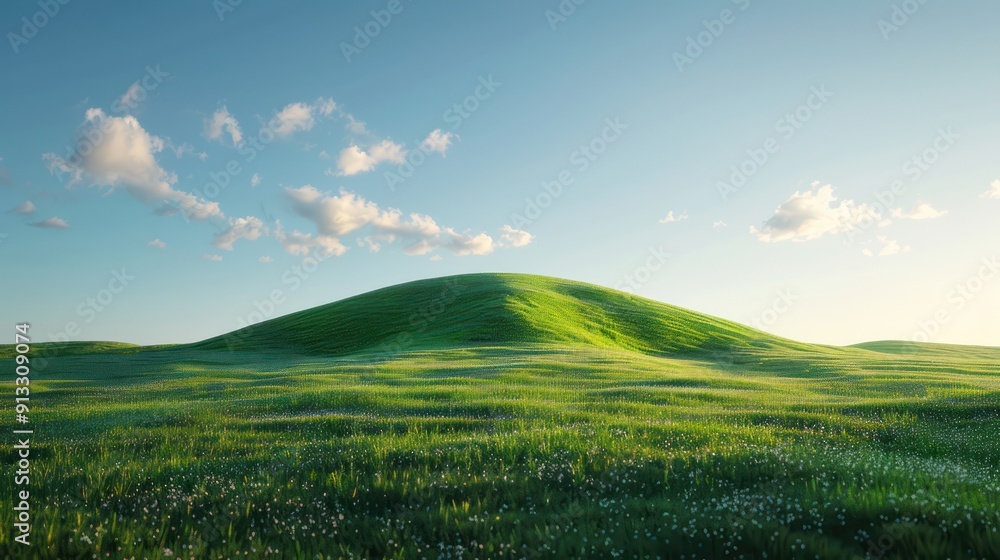Fototapeta premium Rolling Green Hills and Field of Wildflowers Under a Blue Sky