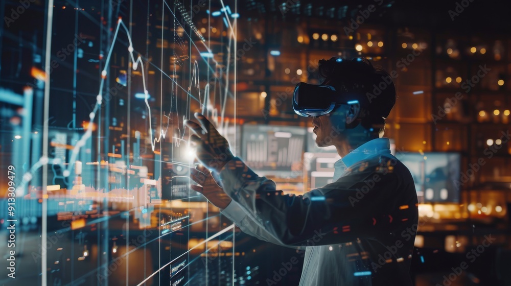 Fototapeta premium Man in VR Interacting with Data Visualization