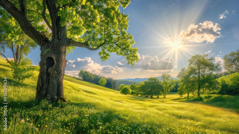 Sunbeams Through the Trees in a Lush Green Meadow Sunbeams Through the Trees in a Lush Green Meadow