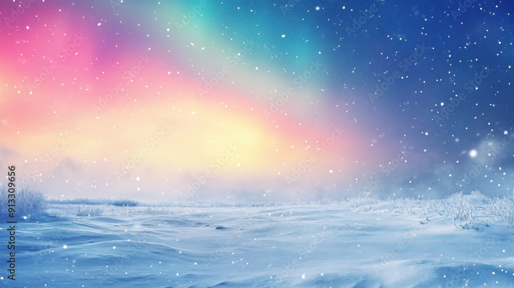 A serene snow-covered field under the colorful display of the Northern Lights, with soft, falling snowflakes A serene snow-covered field under the colorful display of the Northern Lights, with soft, falling snowflakes