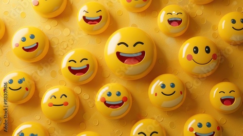 Different faces, emojis - Lots of laughing yellow smiling emojis. World Emoji Day photo