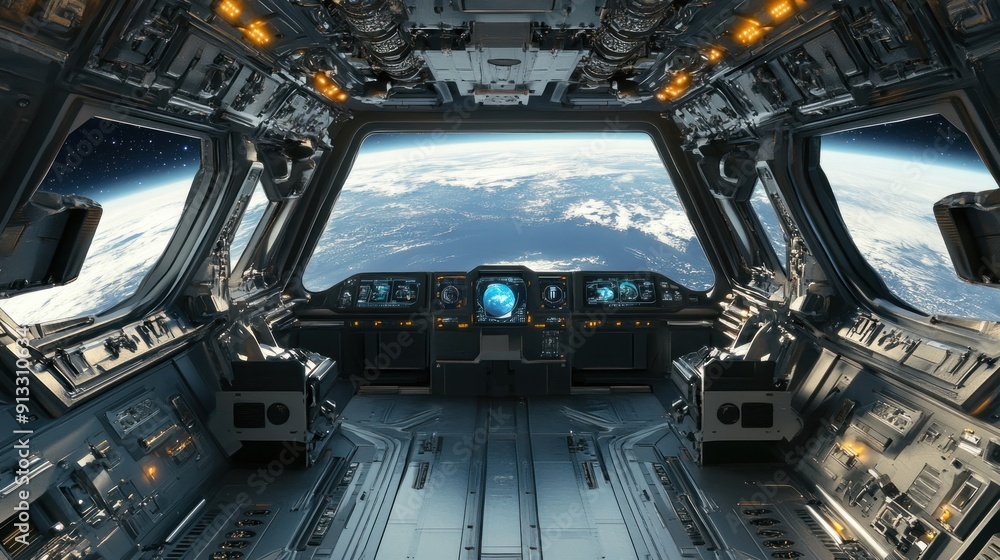 Fototapeta premium Futuristic Spaceship Cockpit with Earth View