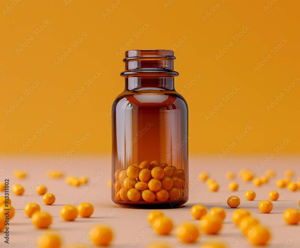 Minimalist still life of a brown glass bottle with orange pills scattered around. This image can be used for medical, pharmaceutical or supplement product marketing. AI Minimalist still life of a brown glass bottle with orange pills scattered around. This image can be used for medical, pharmaceutical or supplement product marketing. AI
