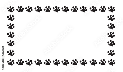 pet footprint frame.Dog Paw frames, Black Dog Paw silhouettes. Hand drawn outline circle, heart, square boarder with cute animal steps. Adopted animal.