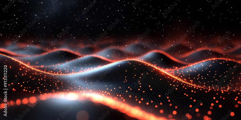 Abstract glowing dots and lines creating a digital landscape on a dark backdrop, embodying the concept of data flow Abstract glowing dots and lines creating a digital landscape on a dark backdrop, embodying the concept of data flow
