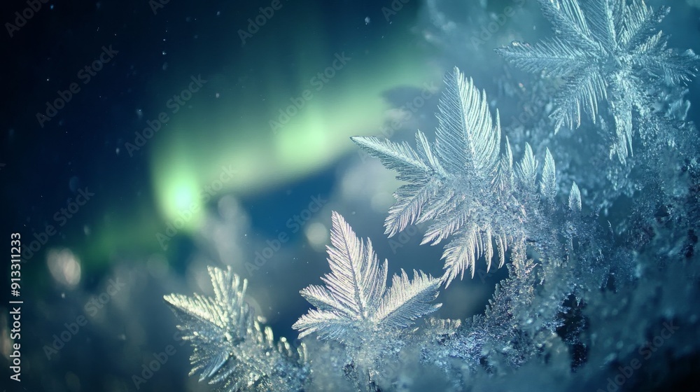 Close-up of ice crystals on a window with the Northern Lights visible in the background, creating a magical winter scene Close-up of ice crystals on a window with the Northern Lights visible in the background, creating a magical winter scene