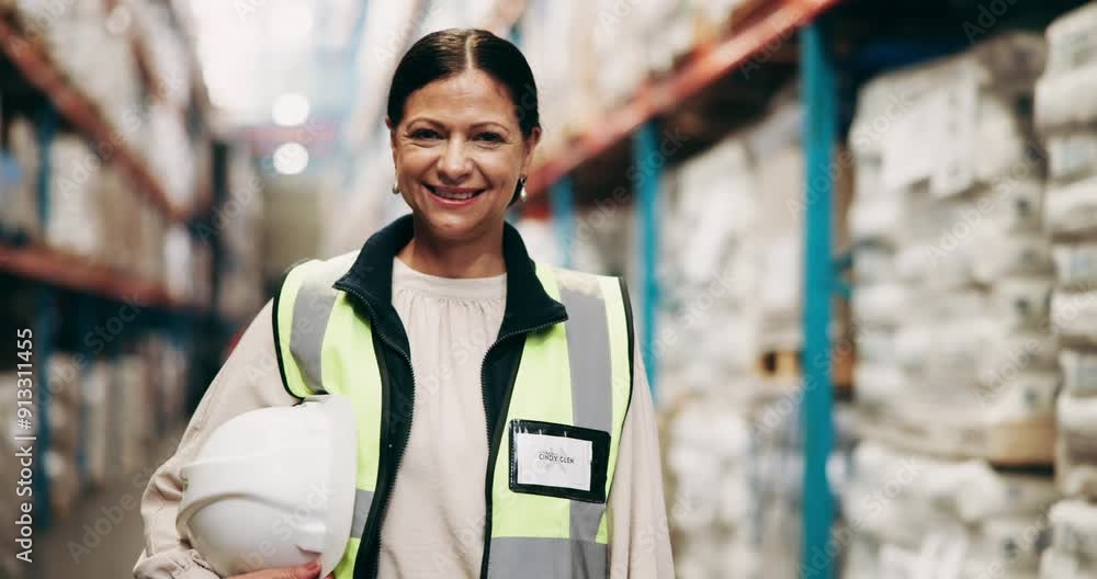 Logistics, mature woman and helmet in warehouse for inspection, stock control and supply chain management. Person, supervisor and portrait with laugh for delivery factory storage and export safety Logistics, mature woman and helmet in warehouse for inspection, stock control and supply chain management. Person, supervisor and portrait with laugh for delivery factory storage and export safety