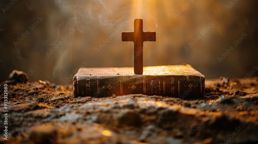 A wooden cross is on top of a book. A wooden cross is on top of a book.
