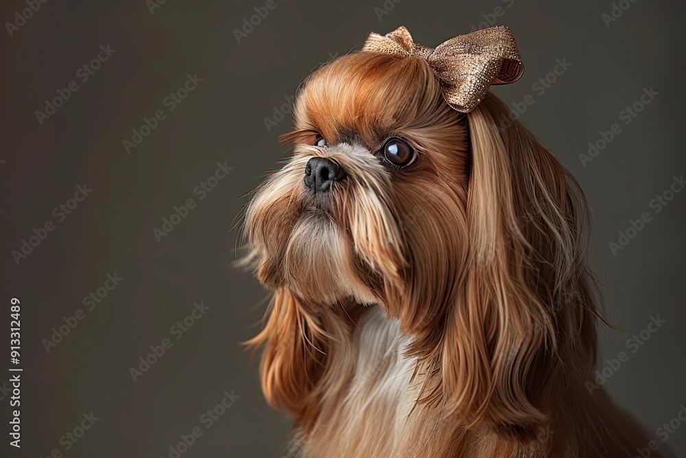 The beautiful Shih Tzu poses elegantly with a shiny coat and a stylish bow, showcasing its lovely features indoors. Generative AI The beautiful Shih Tzu poses elegantly with a shiny coat and a stylish bow, showcasing its lovely features indoors. Generative AI