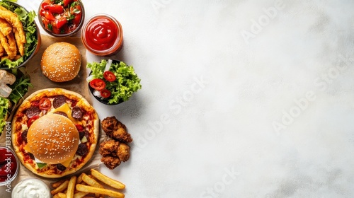 Top view of fast food, pizza box, burger and chicken strips on a white background with copy space..