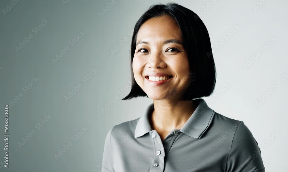 medium shot portrait of a happy Japanese woman in her 40s wearing a sporty polo shirt against a minimalist or empty room background medium shot portrait of a happy Japanese woman in her 40s wearing a sporty polo shirt against a minimalist or empty room background