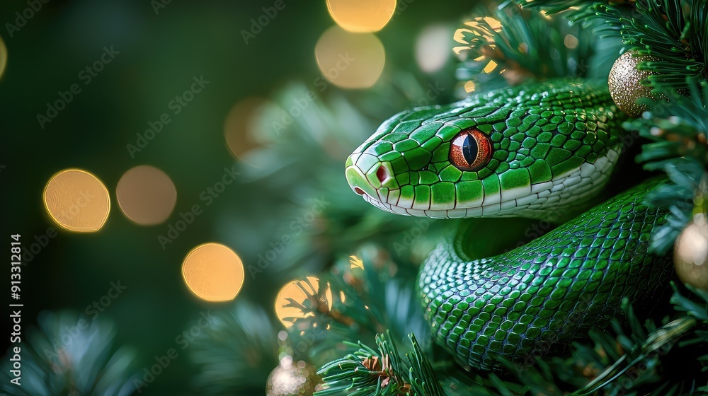 Fototapeta premium Green Fantasy Snake with New Year’s Tree Decorations on a Green Gradient Background, Perfect for Celebration Themes. Capturing the Essence of Festivity and Imagination in a Unique Visual Display