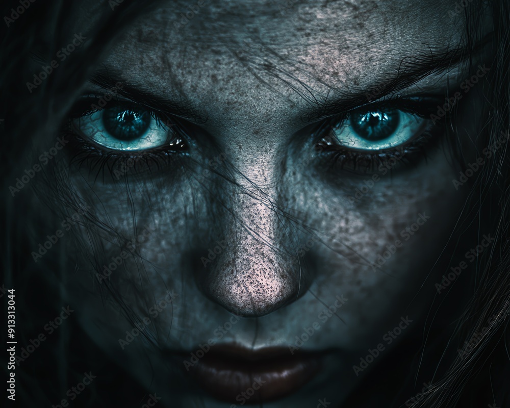 A close-up portrait of a woman with striking blue eyes and dramatic lighting, creating an intense and captivating atmosphere. A close-up portrait of a woman with striking blue eyes and dramatic lighting, creating an intense and captivating atmosphere.