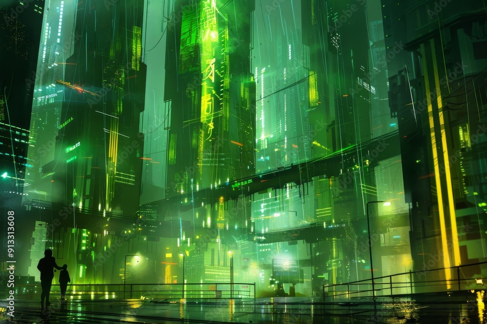 Obraz premium Futuristic Green Cityscape. People Walking in Cyberpunk Metropolis