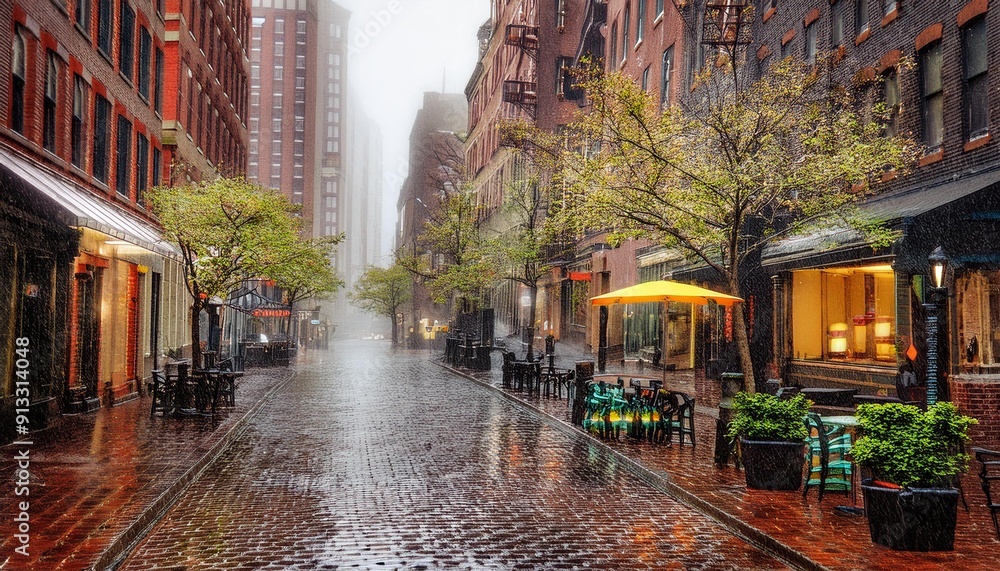 A cozy cafe in Boston on a rainy Sunday morning. The serene atmosphere is enhanced by a gentle mist, creating a refreshing and peaceful ambiance perfect for a relaxing start to the day. A cozy cafe in Boston on a rainy Sunday morning. The serene atmosphere is enhanced by a gentle mist, creating a refreshing and peaceful ambiance perfect for a relaxing start to the day.