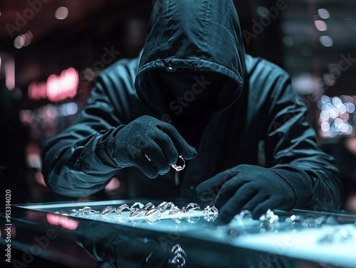 A thief in a dark hoodie and gloves steals jewelry under dim lighting. Perfect for crime-themed projects and security illustrations. photo