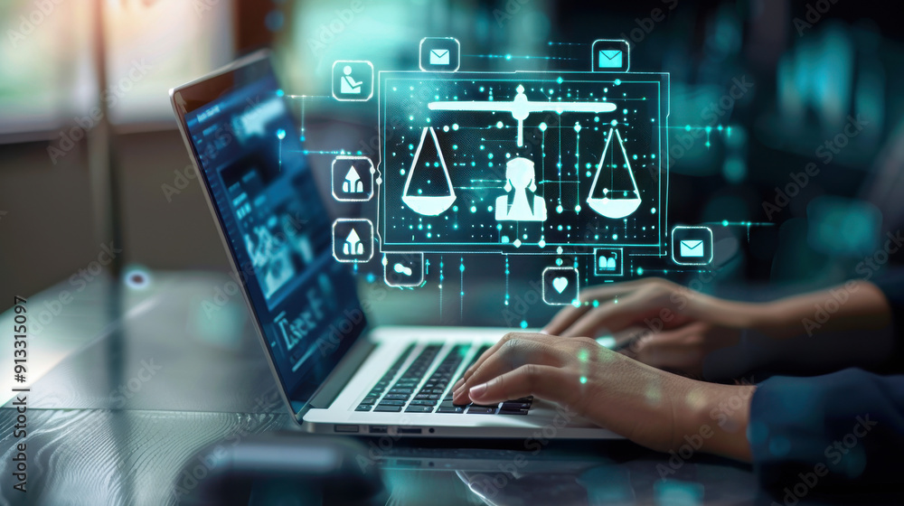 Lawyer using a laptop to access legal services icons on a virtual screen, offering online advice on business legislation and justice Lawyer using a laptop to access legal services icons on a virtual screen, offering online advice on business legislation and justice