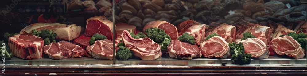 Display of Fresh Meat Cuts for Grilling or Barbecuing in a Store Window Display of Fresh Meat Cuts for Grilling or Barbecuing in a Store Window