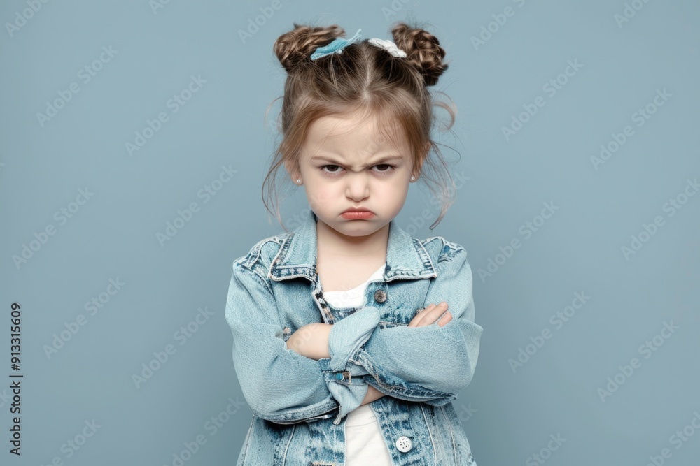 A young girl wearing a denim jacket and standing with her arms crossed, possibly feeling confident or defensive A young girl wearing a denim jacket and standing with her arms crossed, possibly feeling confident or defensive