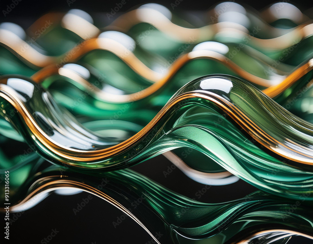 Curved and wavy shapes in green and gold tones of transparent glass. Curved and wavy shapes in green and gold tones of transparent glass.
