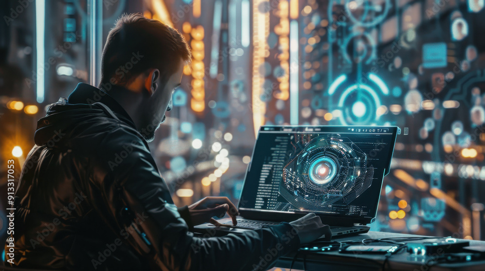 Man interacting with AI image creation software on a laptop, futuristic UI with visual prompts, showcasing images generated by artificial intelligence Man interacting with AI image creation software on a laptop, futuristic UI with visual prompts, showcasing images generated by artificial intelligence