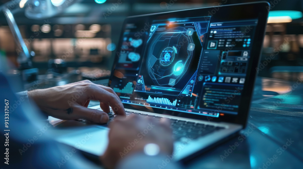 Man interacting with AI image creation software on a laptop, futuristic UI with visual prompts, showcasing images generated by artificial intelligence Man interacting with AI image creation software on a laptop, futuristic UI with visual prompts, showcasing images generated by artificial intelligence