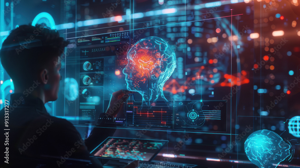 Man using AI software on a laptop to generate images, showcasing a futuristic user interface, screen with visual prompts, and image generated by artificial intelligence Man using AI software on a laptop to generate images, showcasing a futuristic user interface, screen with visual prompts, and image generated by artificial intelligence