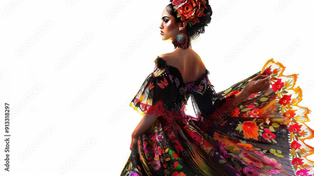Fototapeta premium Mexican woman in beautiful, intricate dress, standing against a white background.