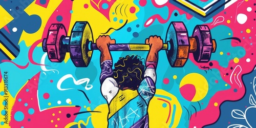 Colorful Weightlifting Cartoon Art, Vibrant Fitness Illustration with Barbell photo