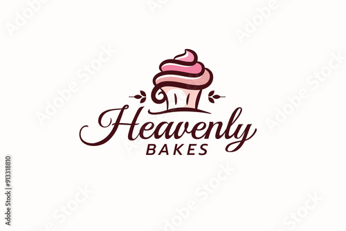Heavenly Bakes logo with a combination of a cute cupcake and beautiful lettering for bakery, cakery, cafe, etc.