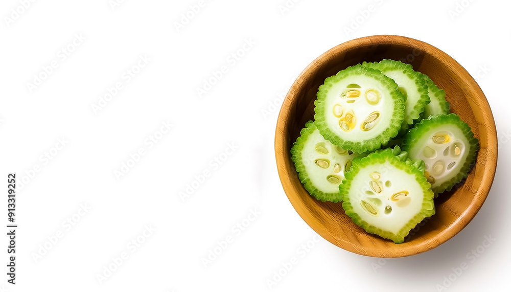Bitter melon vegetable in wooden bowl isolated on white background Bitter melon vegetable in wooden bowl isolated on white background