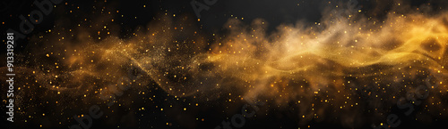 Abstract magic gold dust and smoke background over black background.