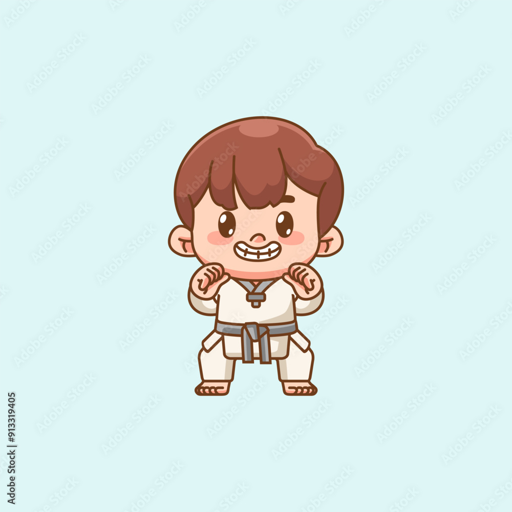 Cute little man training Karate martial art chibi kawaii character mascot sport Icon sticker Cute little man training Karate martial art chibi kawaii character mascot sport Icon sticker