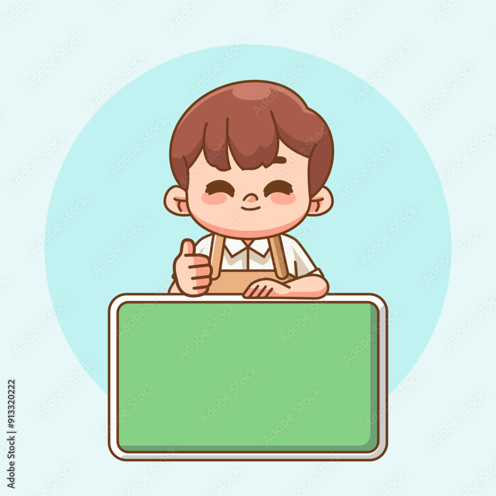 Cute barista boy hold blank space board banner chibi kawaii character mascot restaurant cafe logo Cute barista boy hold blank space board banner chibi kawaii character mascot restaurant cafe logo