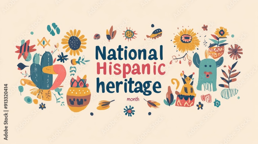 Fototapeta premium Celebrate National Hispanic Heritage Month with vibrant florals and traditional Hispanic designs on light backgrounds that highlight cultural pride.