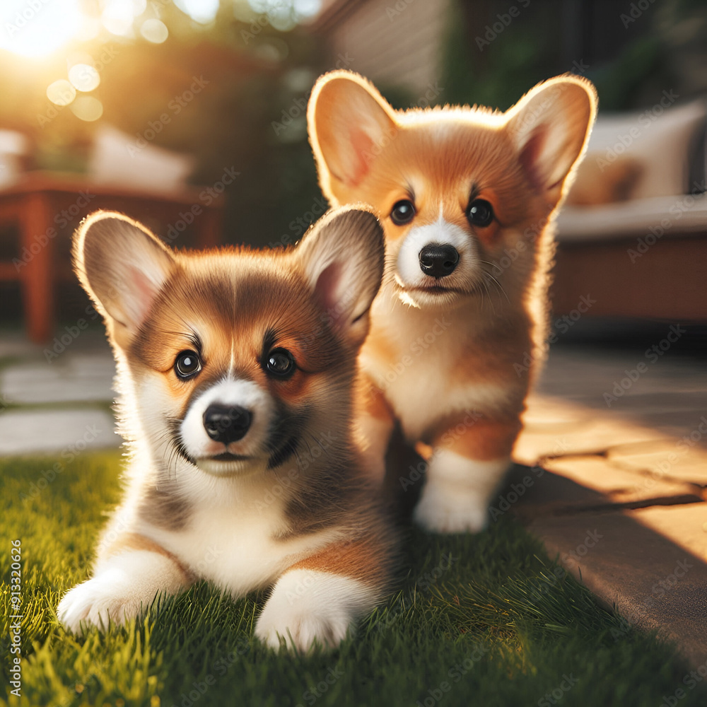 Full Body Portrait of a Group of Two Cute Happy Adorable Playful Smiling Brown & White Welsh Corgi Puppies Animals Ears Up Sitting Together on the Grass Lawn in the Backyard Looking Facing the Camera Full Body Portrait of a Group of Two Cute Happy Adorable Playful Smiling Brown & White Welsh Corgi Puppies Animals Ears Up Sitting Together on the Grass Lawn in the Backyard Looking Facing the Camera