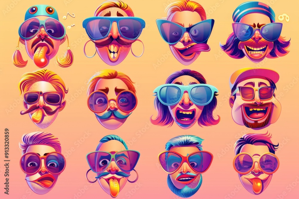 A collection of cartoon faces displaying diverse emotions, ideal for illustrating mood or personality A collection of cartoon faces displaying diverse emotions, ideal for illustrating mood or personality