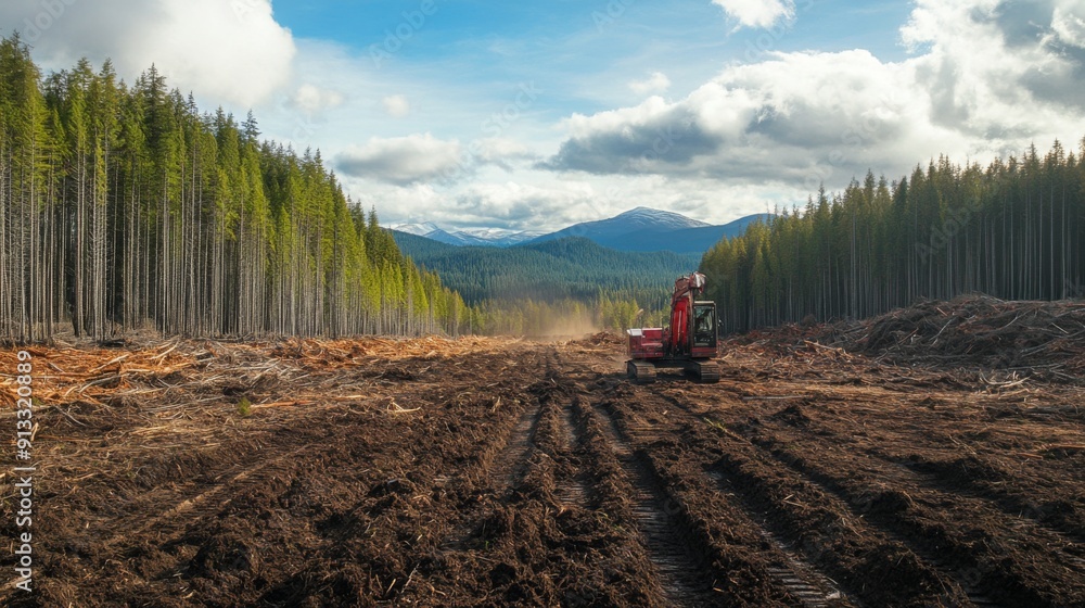 Logging equipment is actively clearing land in a dense forest surrounded by mountains under a blue sky. Logging equipment is actively clearing land in a dense forest surrounded by mountains under a blue sky.