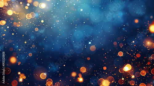 abstract blurred bokeh of holiday lights over dark blue background. © powerstock