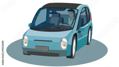 Vector or Illustrator of isometric view of blue car. Glass transparent can view inside car. Driving man alone go to travel. On isolated white background for textured.