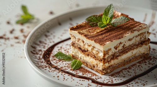 Delicious Tiramisu Dessert With Mint Garnish