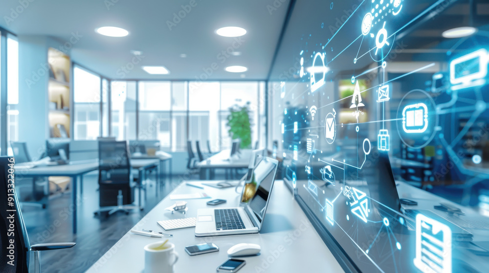 Fototapeta premium Office space with a focus on IoT devices for smart automation.