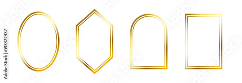 Thin golden frame set. Gold geometric border collection in art deco style. Thin linear shining shape bundle. Brass glowing shiny boarder element pack for photo, cadre, poster, card. Vector