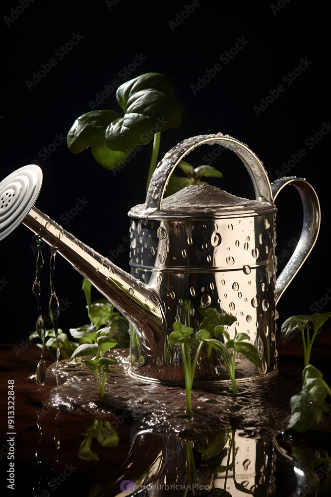 plant growing in chrome watering can, chrome watering can plant growing in chrome watering can, chrome watering can